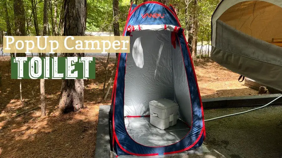 popup camper toilet inside a shower tent