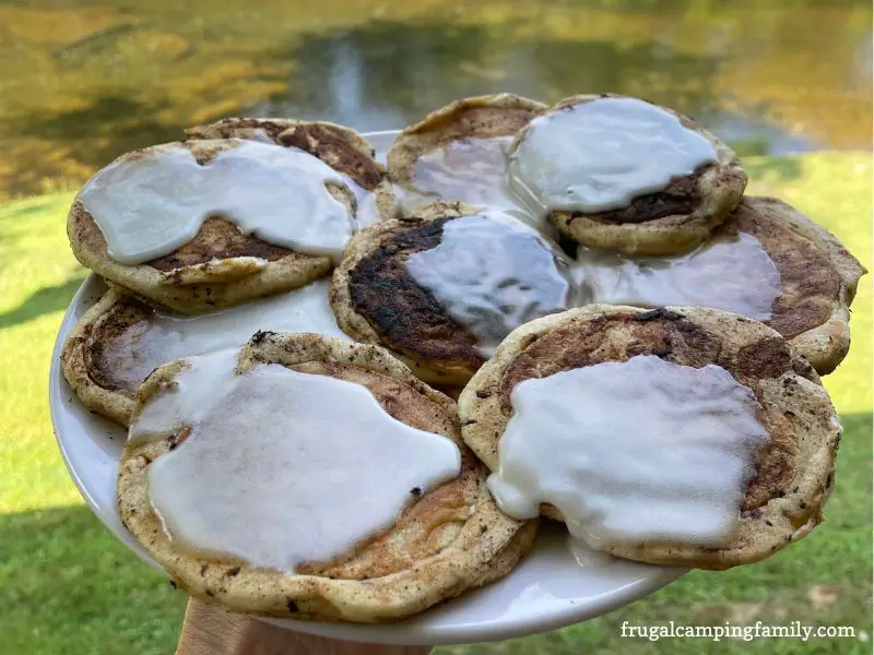Camping pancakes made from cinnamon rolls
