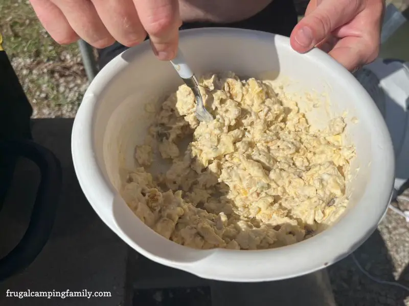 breakfast burrito ingredients mixed in a bowl
