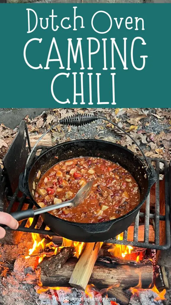 dutch oven camping chili over a campfire